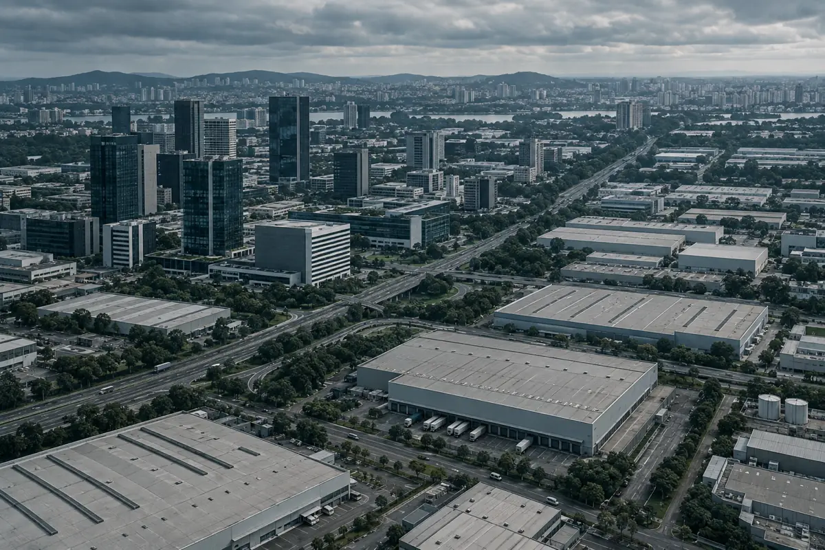 Vista aerea de distrito empresarial, com galpoes logisticos em primeiro plano e torres corporativas ao fundo