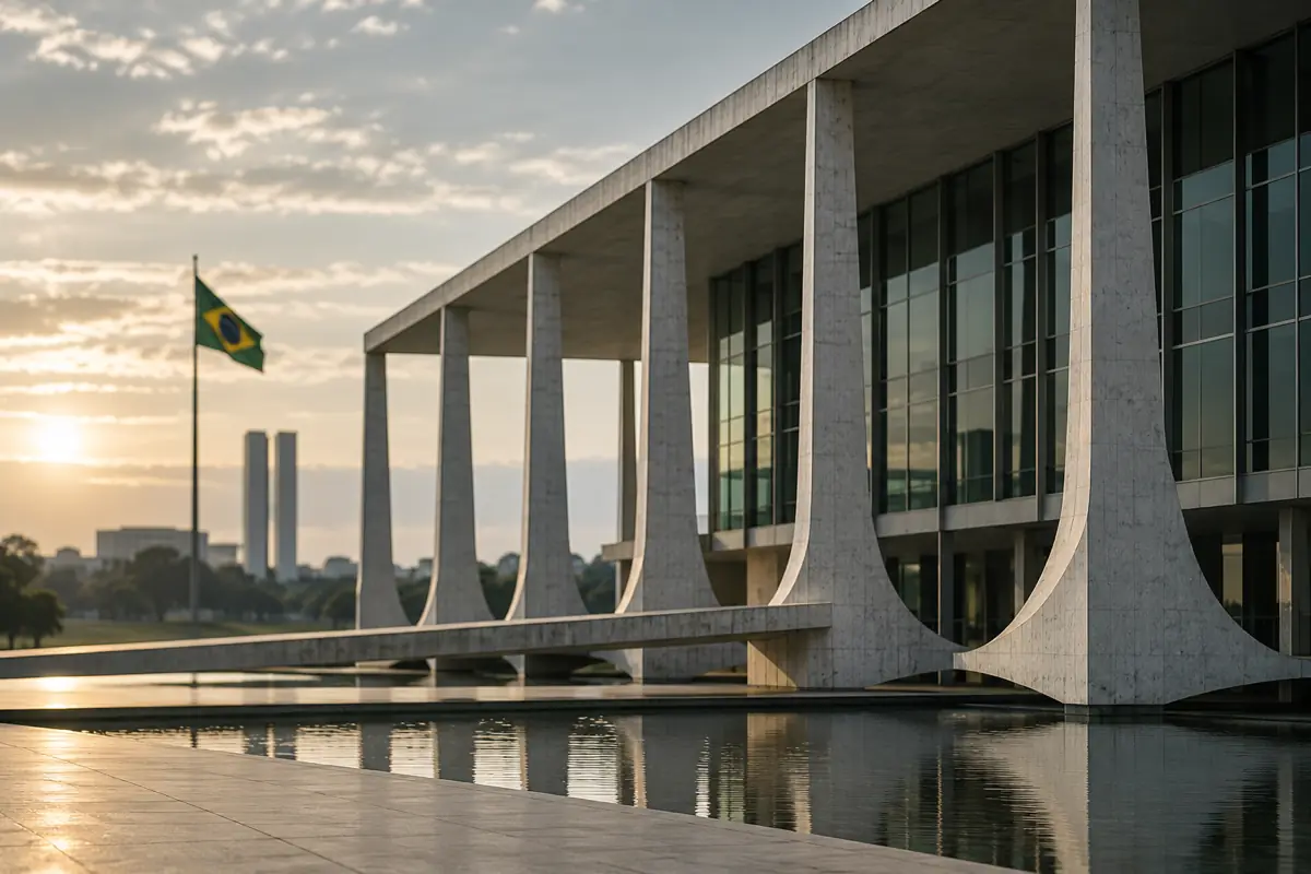Fachada de concreto com colunas curvas e espelho d agua, com a bandeira do Brasil hasteada ao lado