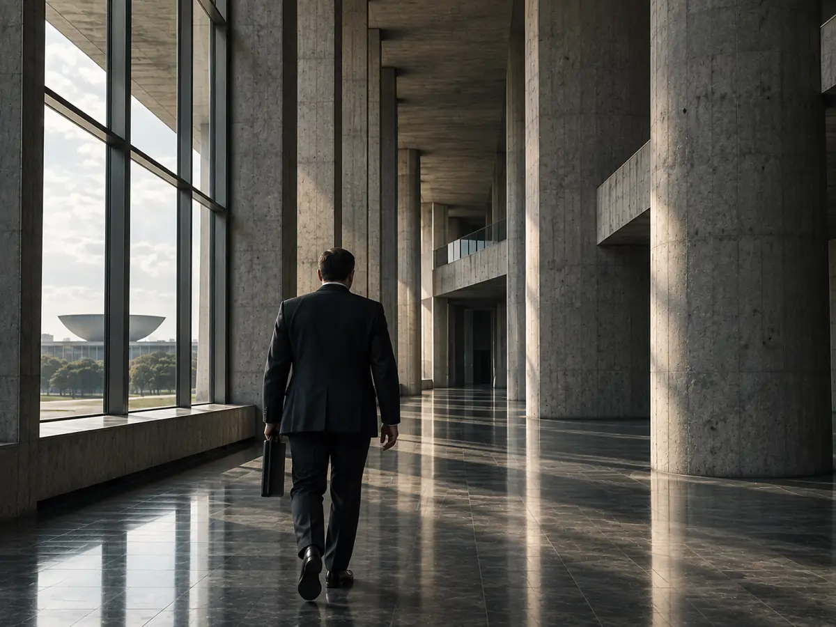 Homem de terno caminhando com uma pasta pela galeria de pilotis de um edificio institucional em concreto, com a cupula do Congresso ao fundo